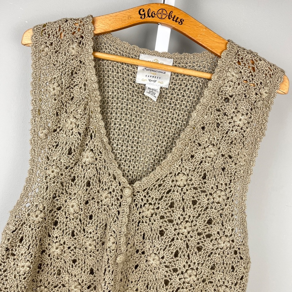 Express Internationale Handknitted Crochet Sweater Vest Womens L Vintage Tan